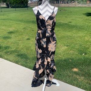 Lulu’s Black and Tan Floral Ruffled Maxi Dress